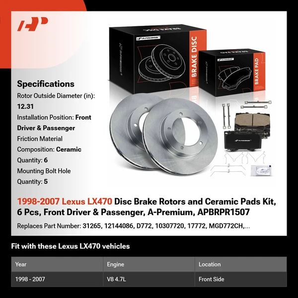 1998-2007 Lexus LX470 Disc Brake Rotors and Ceramic Pads Kit, 6 Pcs, Front Driver & Passenger, A-Premium, APBRPR1507