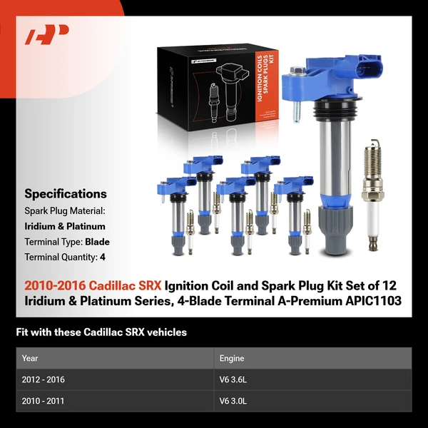 2010-2016 Cadillac SRX Ignition Coil and Spark Plug Kit Set of 12 Iridium & Platinum Series, 4-Blade Terminal A-Premium APIC1103
