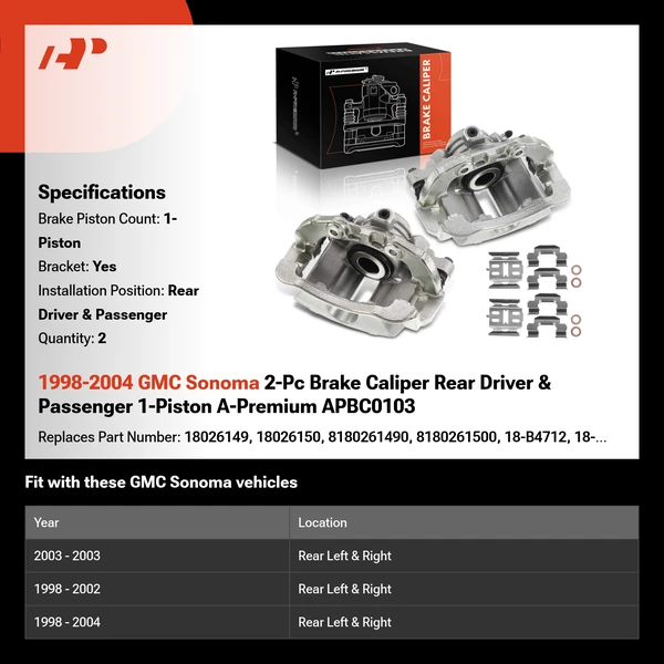 1998-2004 GMC Sonoma 2-Pc Brake Caliper Rear Driver & Passenger 1-Piston A-Premium APBC0103