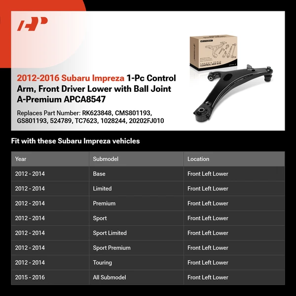 2012-2016 Subaru Impreza 1-Pc Control Arm, Front Driver Lower with Ball Joint A-Premium APCA8547