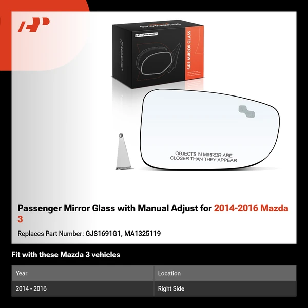 Passenger Mirror Glass with Manual Adjust for 2014-2016 Mazda 3