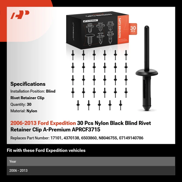 2006-2013 Ford Expedition 30 Pcs Nylon Black Blind Rivet Retainer Clip A-Premium APRCF3715