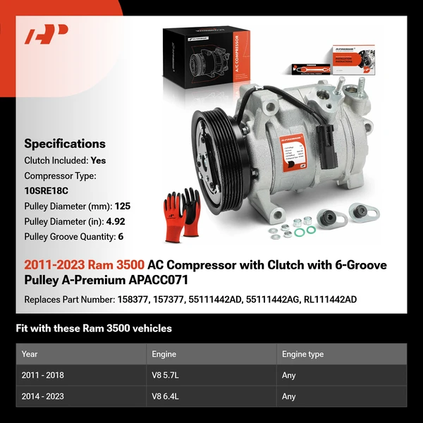 2011-2023 Ram 3500 AC Compressor with Clutch with 6-Groove Pulley A-Premium APACC071