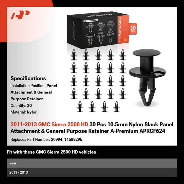 2011-2013 GMC Sierra 2500 HD 30 Pcs 10.5mm Nylon Black Panel Attachment & General Purpose Retainer A-Premium APRCF624