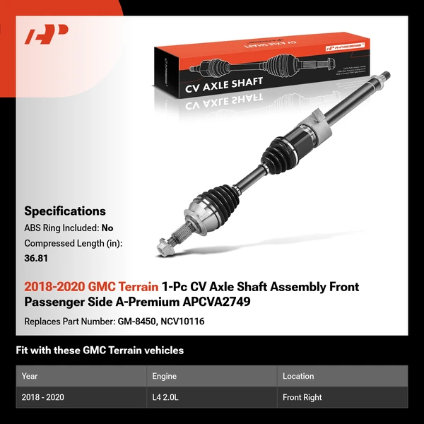 2018-2020 GMC Terrain 1-Pc CV Axle Shaft Assembly Front Passenger Side A-Premium APCVA2749