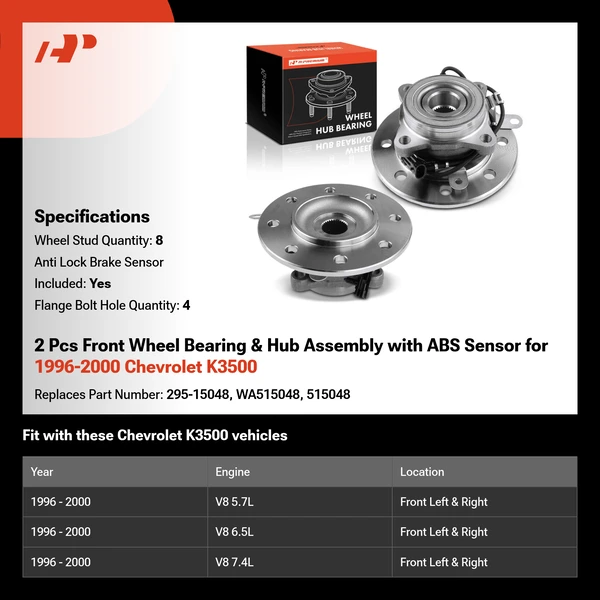 2 Pcs Front Wheel Bearing & Hub Assembly with ABS Sensor for 1996-2000 Chevrolet K3500
