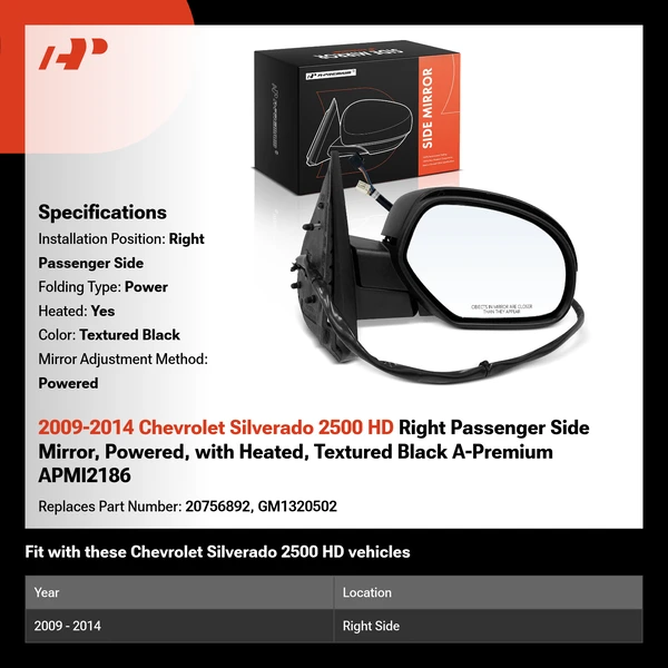 2009-2014 Chevrolet Silverado 2500 HD Right Passenger Side Mirror, Powered, with Heated, Textured Black A-Premium APMI2186