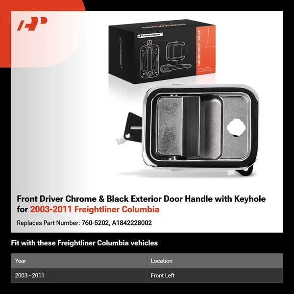 Front Driver Chrome & Black Exterior Door Handle with Keyhole for 2003-2011 Freightliner Columbia