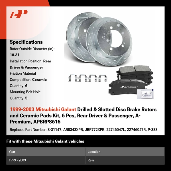 1999-2003 Mitsubishi Galant Drilled & Slotted Disc Brake Rotors and Ceramic Pads Kit, 6 Pcs, Rear Driver & Passenger, A-Premium, APBRPS616