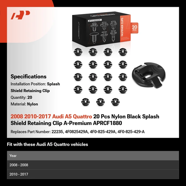 2008 2010-2017 Audi A5 Quattro 20 Pcs Nylon Black Splash Shield Retaining Clip A-Premium APRCF1880