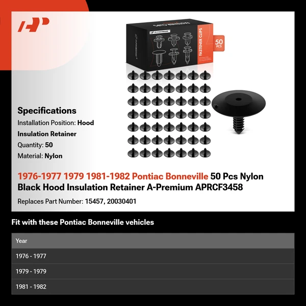1976-1977 1979 1981-1982 Pontiac Bonneville 50 Pcs Nylon Black Hood Insulation Retainer A-Premium APRCF3458