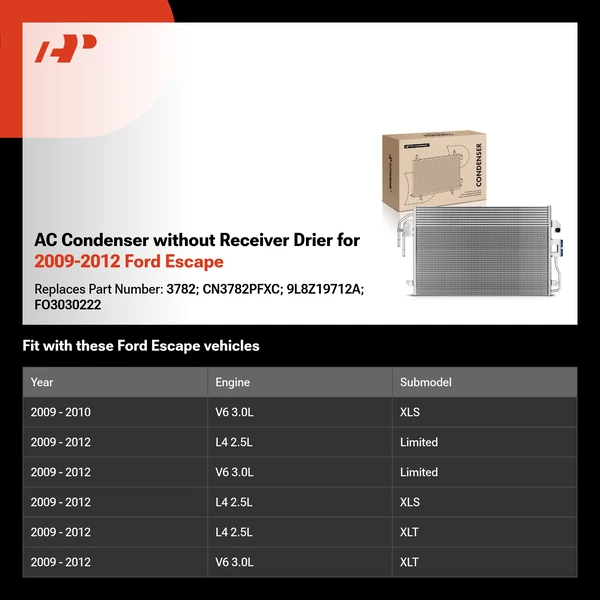 AC Condenser without Receiver Drier for 2009-2012 Ford Escape