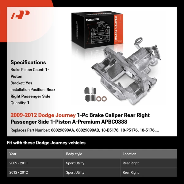 2009-2012 Dodge Journey 1-Pc Brake Caliper Rear Right Passenger Side 1-Piston A-Premium APBC0388