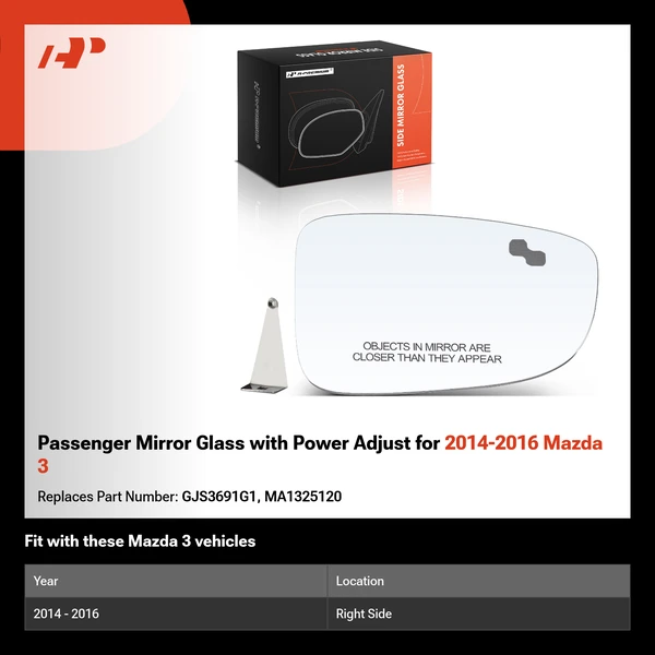 Passenger Mirror Glass with Power Adjust for 2014-2016 Mazda 3