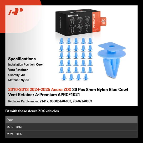2010-2013 2024-2025 Acura ZDX 30 Pcs 8mm Nylon Blue Cowl Vent Retainer A-Premium APRCF1021