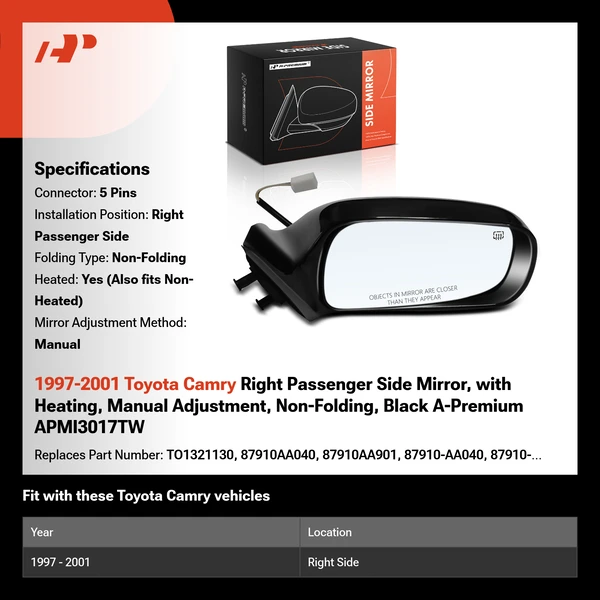 1997-2001 Toyota Camry Right Passenger Side Mirror, with Heating, Manual Adjustment, Non-Folding, Black A-Premium APMI3017TW