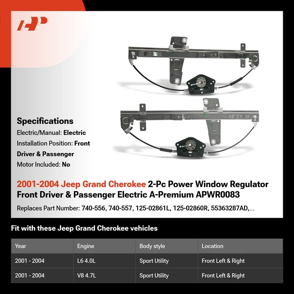2001-2004 Jeep Grand Cherokee 2-Pc Power Window Regulator Front Driver & Passenger Electric A-Premium APWR0083