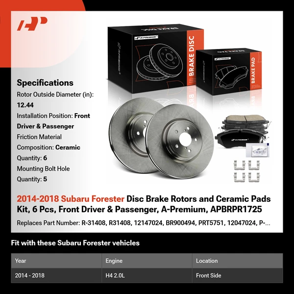 2014-2018 Subaru Forester Disc Brake Rotors and Ceramic Pads Kit, 6 Pcs, Front Driver & Passenger, A-Premium, APBRPR1725