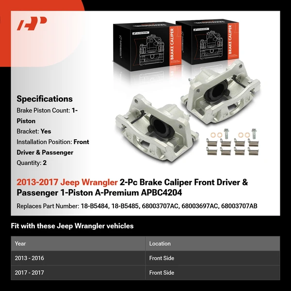 2013-2017 Jeep Wrangler 2-Pc Brake Caliper Front Driver & Passenger 1-Piston A-Premium APBC4204