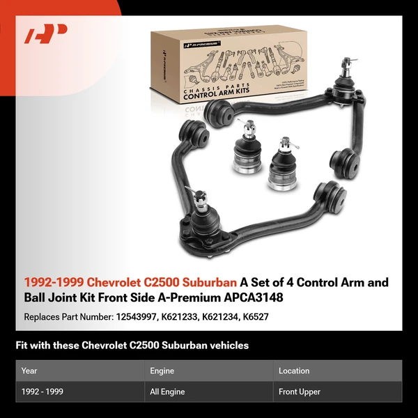 1992-1999 Chevrolet C2500 Suburban A Set of 4 Control Arm and Ball Joint Kit Front Side A-Premium APCA3148