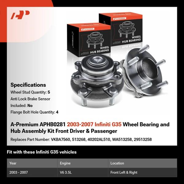 A-Premium APHB0281 2003-2007 Infiniti G35 Wheel Bearing and Hub Assembly Kit Front Driver & Passenger