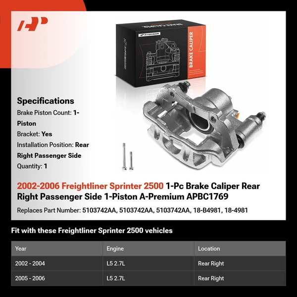 2002-2006 Freightliner Sprinter 2500 1-Pc Brake Caliper Rear Right Passenger Side 1-Piston A-Premium APBC1769
