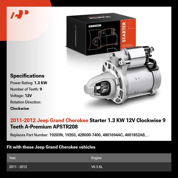 2011-2012 Jeep Grand Cherokee Starter 1.3 KW 12V Clockwise 9 Teeth A-Premium APSTR208