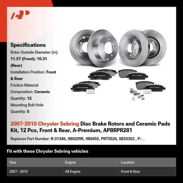 2007-2010 Chrysler Sebring Disc Brake Rotors and Ceramic Pads Kit, 12 Pcs, Front & Rear, A-Premium, APBRPR281