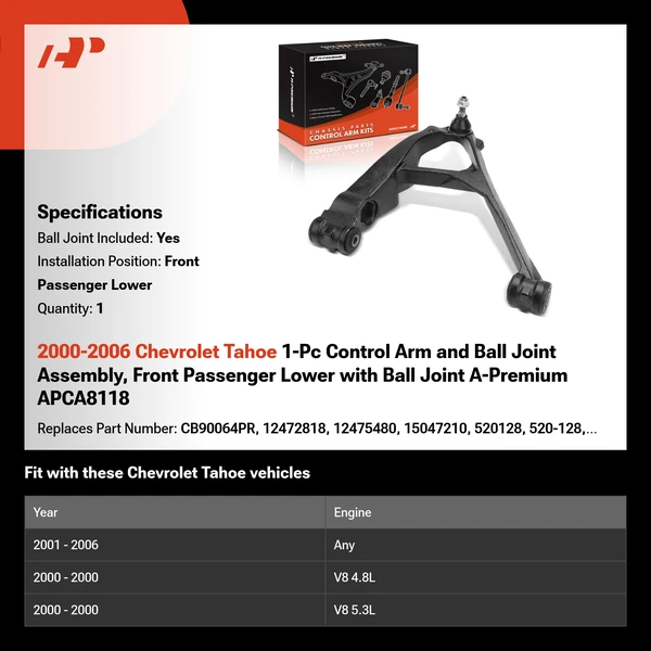 2000-2006 Chevrolet Tahoe 1-Pc Control Arm and Ball Joint Assembly, Front Passenger Lower with Ball Joint A-Premium APCA8118