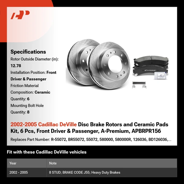 2002-2005 Cadillac DeVille Disc Brake Rotors and Ceramic Pads Kit, 6 Pcs, Front Driver & Passenger, A-Premium, APBRPR156