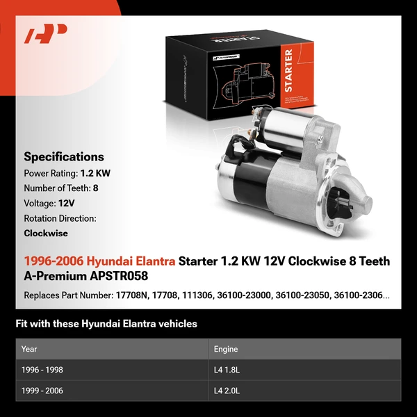 1996-2006 Hyundai Elantra Starter 1.2 KW 12V Clockwise 8 Teeth A-Premium APSTR058