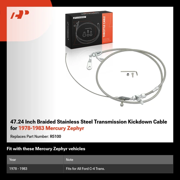 47.24 Inch Braided Stainless Steel Transmission Kickdown Cable for 1978-1983 Mercury Zephyr