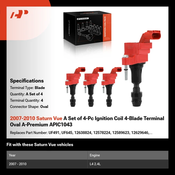 2007-2010 Saturn Vue A Set of 4-Pc Ignition Coil 4-Blade Terminal Oval A-Premium APIC1043