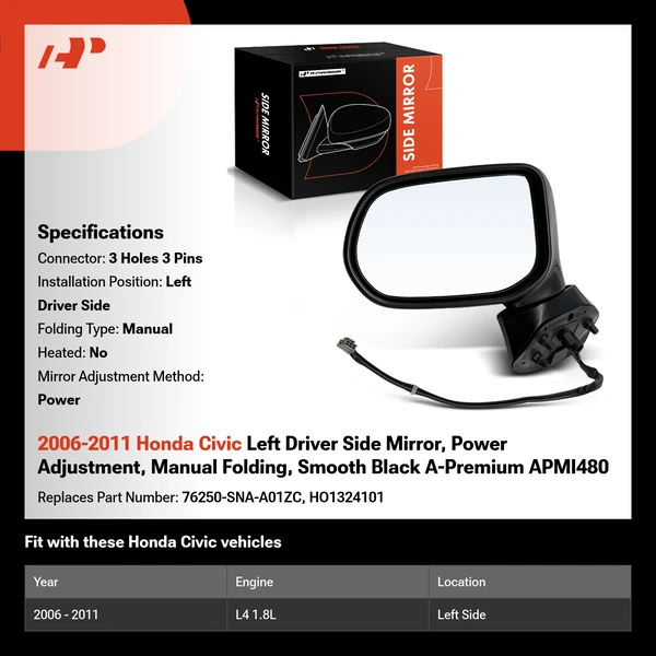 2006-2011 Honda Civic Left Driver Side Mirror, Power Adjustment, Manual Folding, Smooth Black A-Premium APMI480