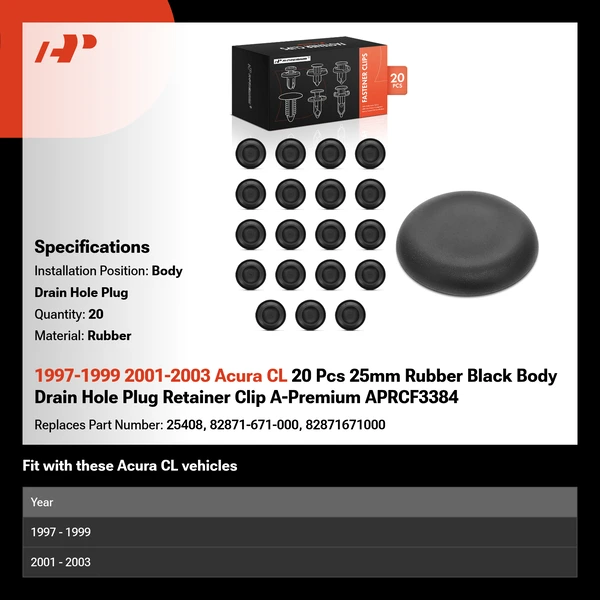 1997-1999 2001-2003 Acura CL 20 Pcs 25mm Rubber Black Body Drain Hole Plug A-Premium APRCF3384