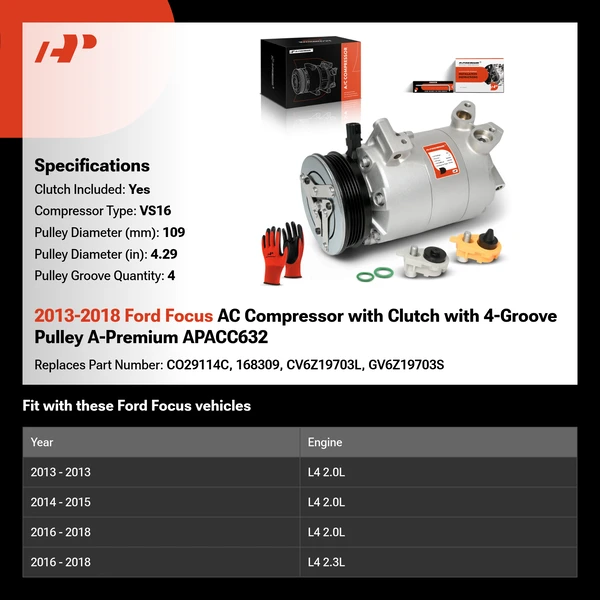 2013-2018 Ford Focus AC Compressor with Clutch with 4-Groove Pulley A-Premium APACC632