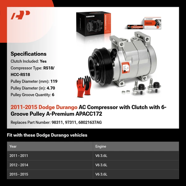 2011-2015 Dodge Durango AC Compressor with Clutch with 6-Groove Pulley A-Premium APACC172