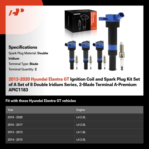 2013-2020 Hyundai Elantra GT Ignition Coil and Spark Plug Kit Set of A Set of 8 Double Iridium Series, 2-Blade Terminal A-Premium APIC1183