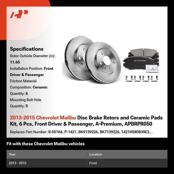 2013-2015 Chevrolet Malibu Disc Brake Rotors and Ceramic Pads Kit, 6 Pcs, Front Driver & Passenger, A-Premium, APBRPR050