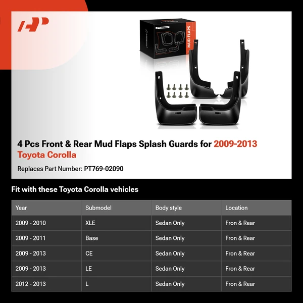 4 Pcs Front & Rear Mud Flaps Splash Guards for 2009-2013 Toyota Corolla