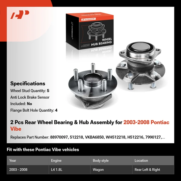 2 Pcs Rear Wheel Bearing & Hub Assembly for 2003-2008 Pontiac Vibe