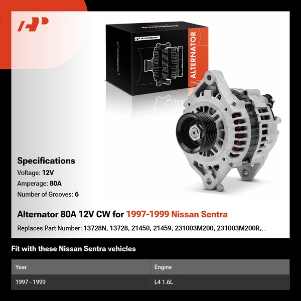 Alternator 80A 12V CW for 1997-1999 Nissan Sentra