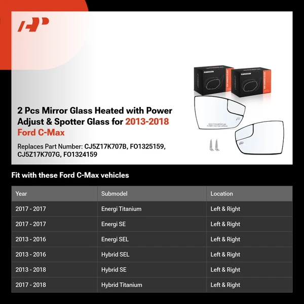 2 Pcs Mirror Glass Heated with Power Adjust & Spotter Glass for 2013-2018 Ford C-Max