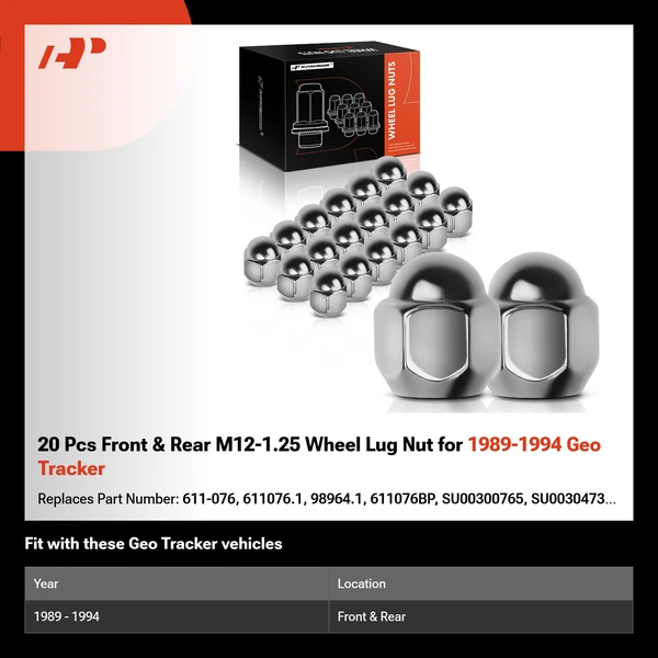 20 Pcs Front & Rear M12-1.25 Wheel Lug Nut for 1989-1994 Geo Tracker