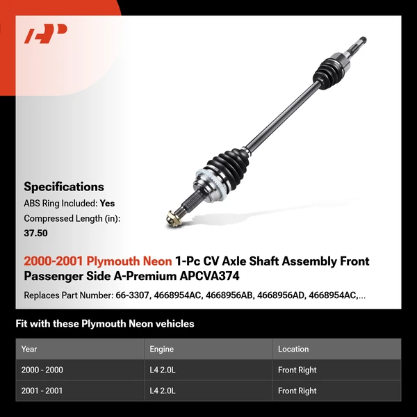 2000-2001 Plymouth Neon 1-Pc CV Axle Shaft Assembly Front Passenger Side A-Premium APCVA374