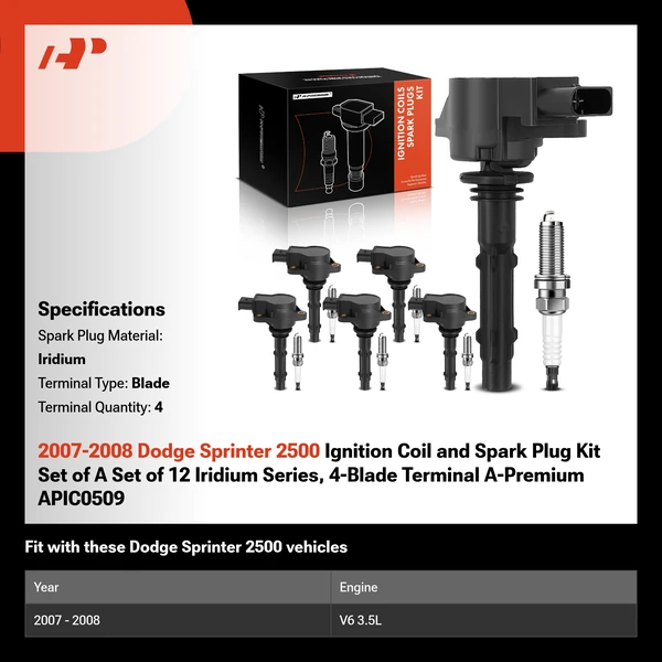 2007-2008 Dodge Sprinter 2500 Ignition Coil and Spark Plug Kit Set of A Set of 12 Iridium Series, 4-Blade Terminal A-Premium APIC0509