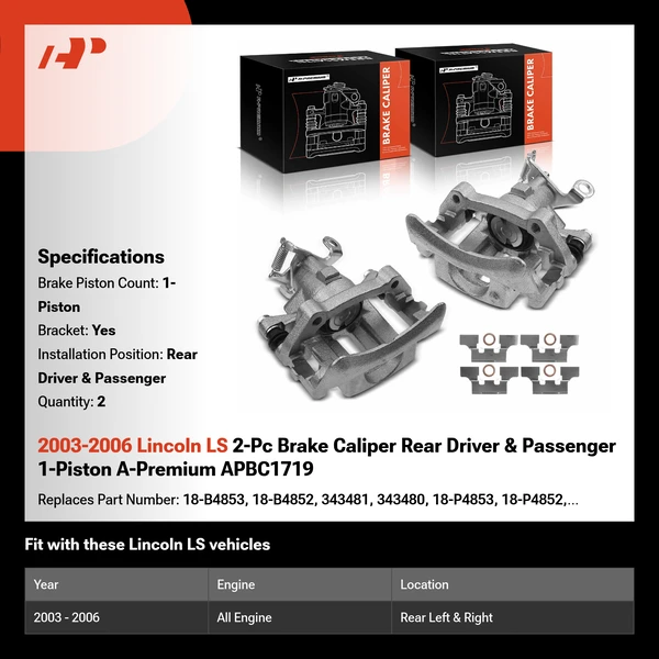 2003-2006 Lincoln LS 2-Pc Brake Caliper Rear Driver & Passenger 1-Piston A-Premium APBC1719
