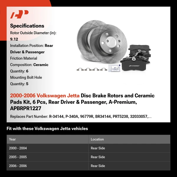 2000-2006 Volkswagen Jetta Disc Brake Rotors and Ceramic Pads Kit, 6 Pcs, Rear Driver & Passenger, A-Premium, APBRPR1227
