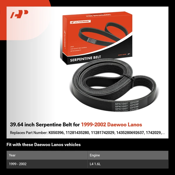 39.64 inch Serpentine Belt for 1999-2002 Daewoo Lanos
