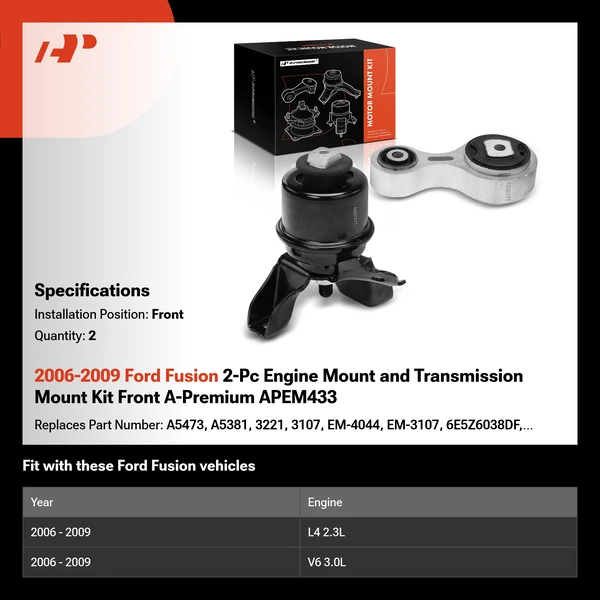 2006-2009 Ford Fusion 2-Pc Engine Mount and Transmission Mount Kit Front A-Premium APEM433